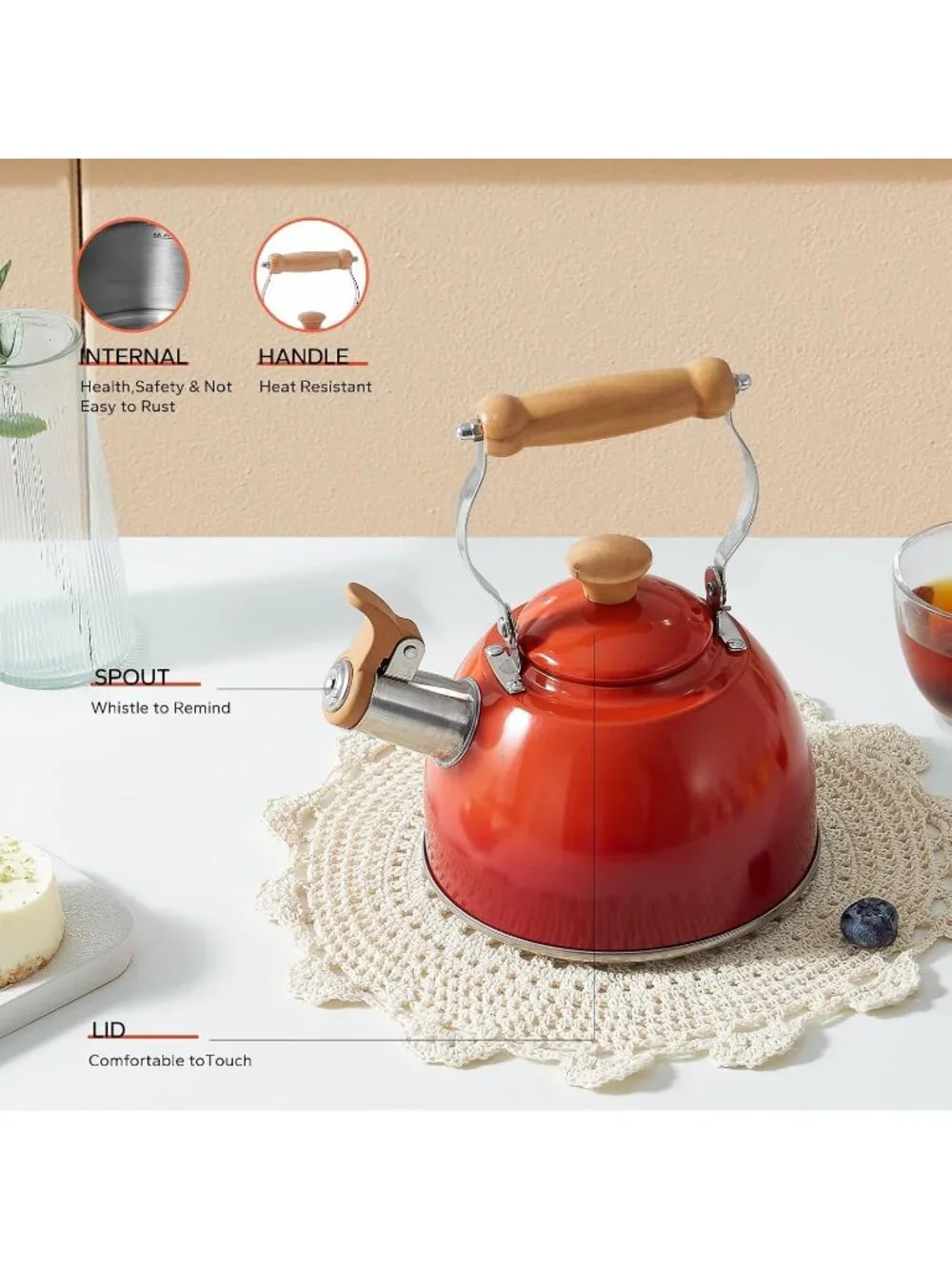 ROCKURWOK 1.6 Quart Red Whistling Tea Kettle Stainless Steel Stovetop Tea Pot